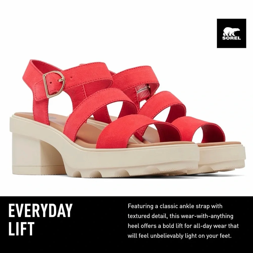 SOREL Joanie Heel Ankle Strap Sandals, Red Glow/Honey White color - Picture 9 of 13